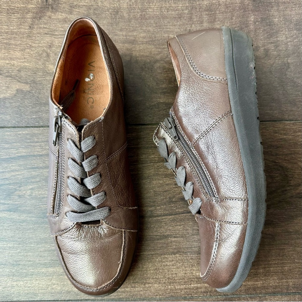Vionic Abigail Lace Up Zipper Shoes - Womens Size: 8 - Metallic Bronze / Pewter